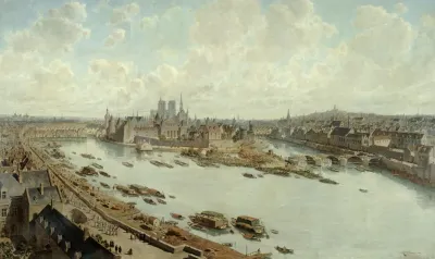 Vue Panoramique De Paris En 1588 Depuis Les Toits Du Louvre Avec Le Pont Neuf En Construction