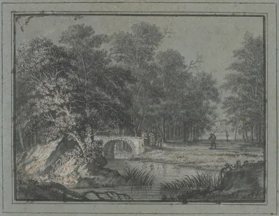 Wald Mit Wasser Und Einer Brucke Dabei Mehrere Figuren