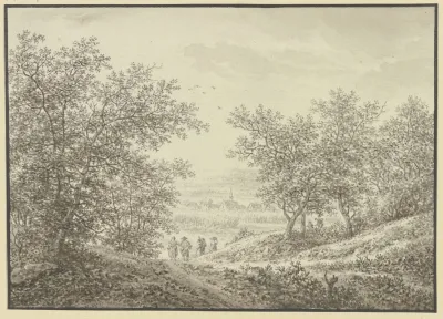 Waldausgang Mit Blick Auf Ein Dorfchen Im Vordergrund Vier Figuren