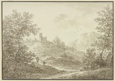 Waldausgang Mit Blick Auf Einen Hugel Mit Einer Ruine Im Vordergrund Drei Figuren Und Rechts Ein Bauernhof