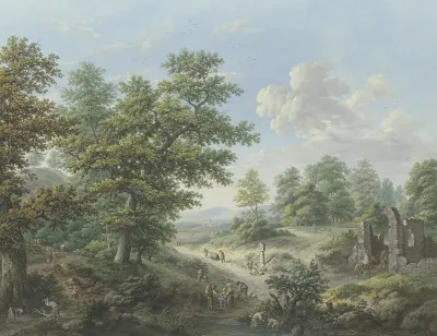 Waldausgang Rechts Die Ruine Einer Kapelle In Die Ein Reiter Hineinreitet