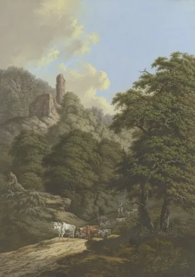 Waldige Berglandschaft Mit Einer Burgruine Ein Hirte Treibt Seine Herde Von Der Weide