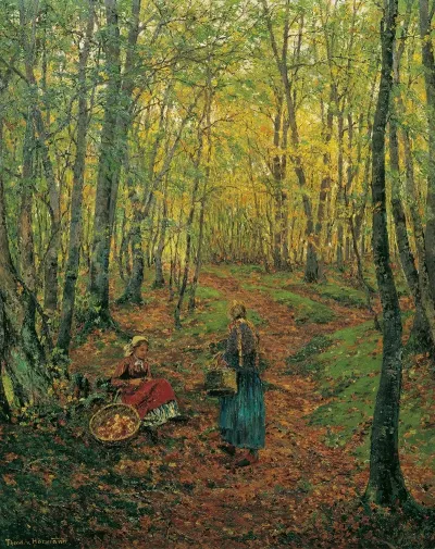 Waldinneres Mit Pilzesuchendem Madchen