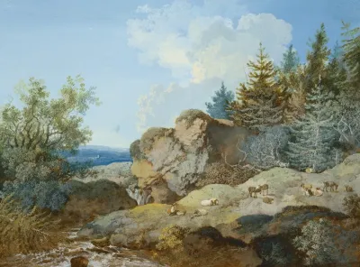 Waldlandschaft Im Gebirge Mit Herde Und Gewasser