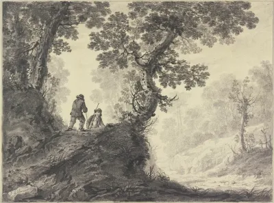 Waldlandschaft Links Auf Einer Anhohe Zwei Wanderer