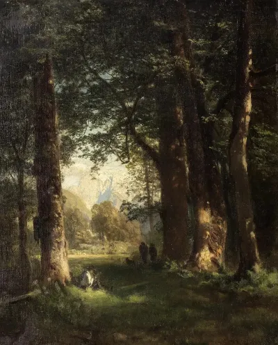Waldlandschaft Mit Figurenstaffage Und Blick Auf Ein Gebirge