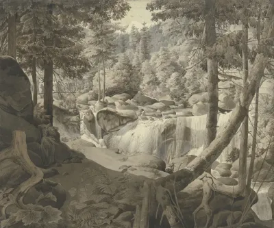 Waldlandschaft Mit Wasserfall Im Hintergrund Pilger Uber Eine Brucke Gehend
