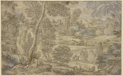 Waldlandschaft Vorne Eine Hirtenfamilie Mit Einigen Ziegen