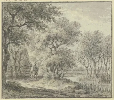 Waldpartie Mit Wasser Und Einem Haus Dabei Ein Reiter