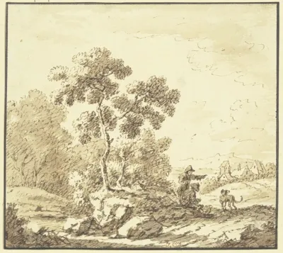Waldrand Rechts Ausblick Auf Ein Dorf Am Weg Ein Stehender Und Ein Sitzender Mann Mit Einem Hund