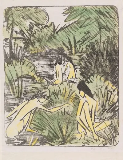 Waldsee Mit Drei Badenden Und Einem Sitzenden Madchen 2 2
