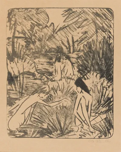Waldsee Mit Drei Badenden Und Einem Sitzenden Madchen 2 3