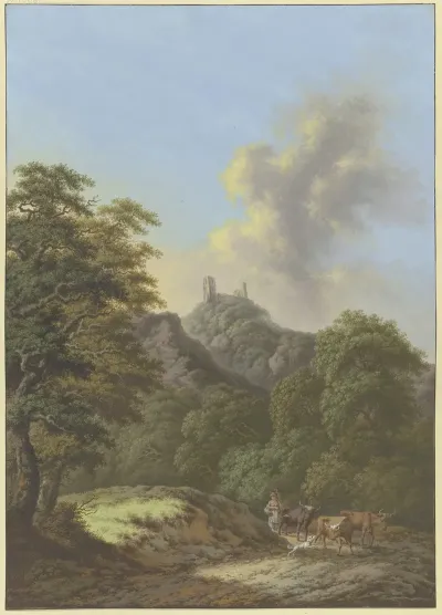 Waldtal Mit Blick Auf Eine Burgruine Im Vordergrund Eine Hirtin Mit Drei Rindern Und Einem Hund