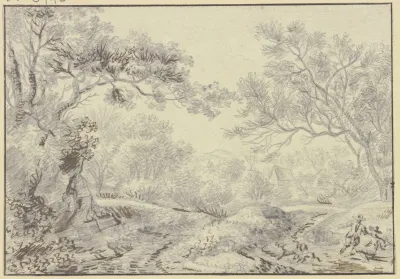 Waldweg Im Hintergrund Ein Haus Vorne Rechts Zwei Rastende