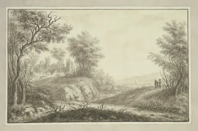 Waldweg Links Durchblick Auf Eine Schlosruine Rechts In Der Ferne Ein Stadtchen