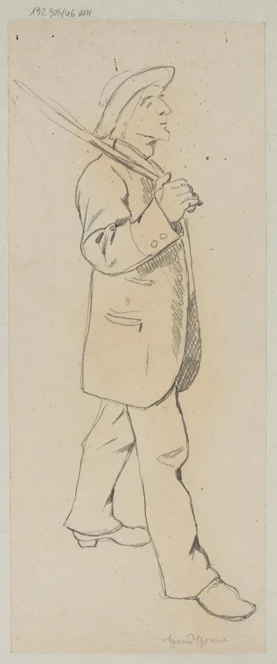 Walking Man In A Hat And Long Jacket With A Stick Over The Shoulder