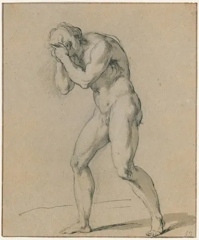 Walking Nude Man Covering His Face