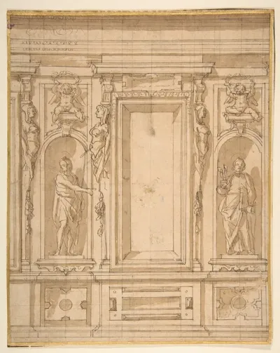 Wall Elevation With A Window And Statues Of Saint John The Baptist And Saint Peter In Niches
