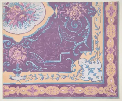 Wallpaper Design Featuring Bouquets Of Roses Strapwork And Rinceaux