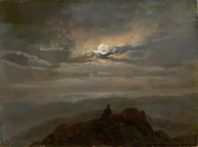 Wanderer On A Mountain Top Landscape In Moonlight
