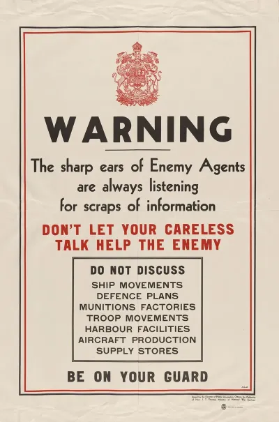 Warning The Sharp Ears Of Enemy Agents Are Always Listening For Scraps Of Information Dont Let Careless Talk Help The Enemy