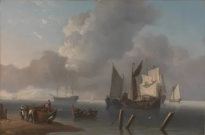 Warships Lying Offshore The Commanding Admiral Being Rowed Out To Join The Flagship Her Sails Illu