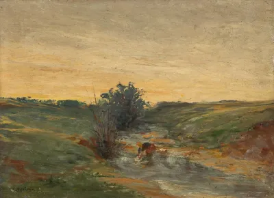 Wascherin Am Bach Bei Sonnenuntergang