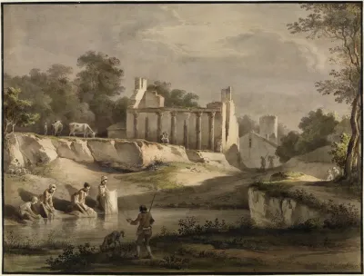 Wascherinnen An Einem Flusschen Dahinter Hausruine Mit Antiken Saulen