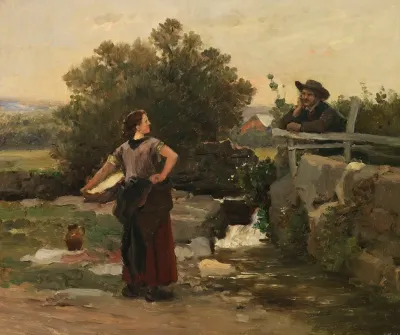 Washerwoman And Boy Talking On The Creek Bank