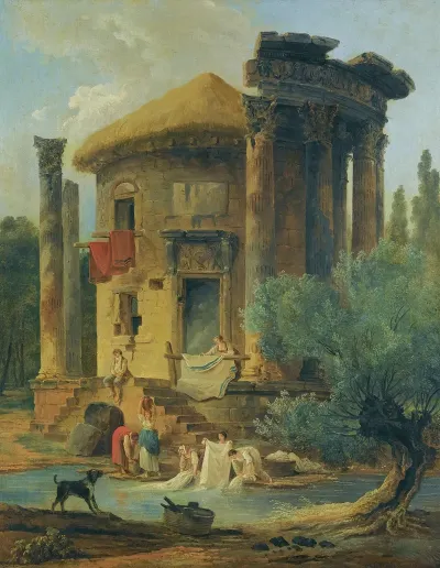 Washerwomen At The Edge Of A River Beneath A Ruined Circular Temple
