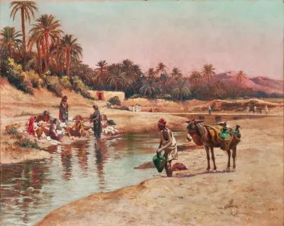 Washerwomen By The River And Water Carrier