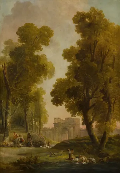Washerwomen In A Landscape With A Group Of Shepherds Before An Allee Of Trees