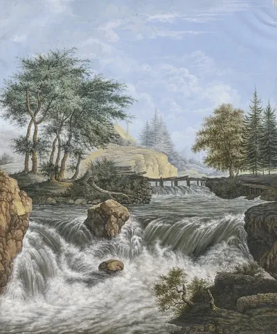 Wasserfall Im Gebirge Am Ufer Und Im Hintergrund Nadelholzer