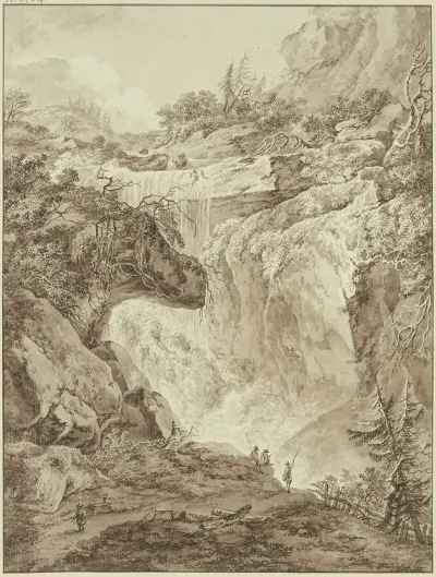 Wasserfall In Einer Gebirgsschlucht Im Vordergrund Vier Angler