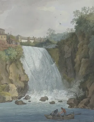 Wasserfall Uber Den Eine Brucke Fuhrt Im Vordergrund Zwei Fischer In Einem Boot