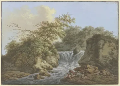 Wasserfall Zwischen Zwei Felsen Am Ufer Rechts Zwei Angler