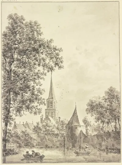 Wassergraben An Der Stadtmauer Mit Einem Runden Turm Hinten Die Kirche Auf Demselben Zwei Kahne