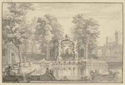 Wasserkunst In Einem Park In Der Mitte Ein Kunstliches Felsentor Mit Einem Neptun Rechts Auf Dem Teich Eine Gondel