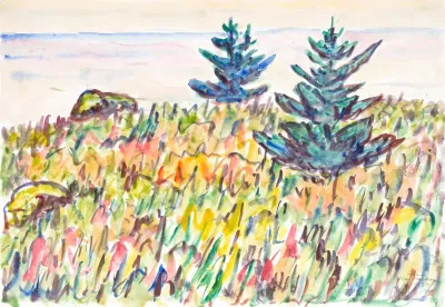 Watercolor No 35 Field With Two Pine Trees