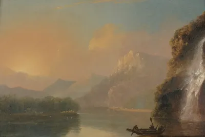 Waterfall In Dusky Bay With Maori Canoe