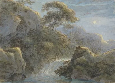 Waterfall In The Mountains By Moonlight