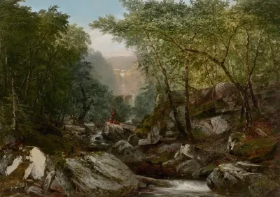 Waterfall In The Woods With Indians
