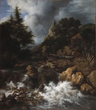 Waterfall With A Half Timbered House And Castle