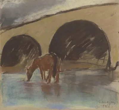 Watering Horse Drinking From A River Under An Arch Bridge