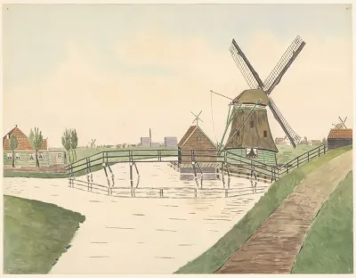 Watermolen Het Leven Zaandijkerwegje Met Over Het Water Een Houten Loopbrug Op De Achtergrond Fabrieksgebouwen