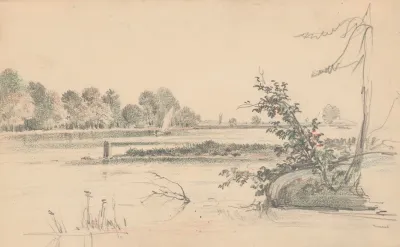 Waterscape Showing The Shore Of The Delaware River And A Sailboat At Center
