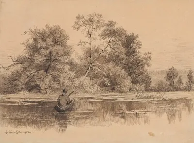 Waterside Landscape With A Man In A Boat