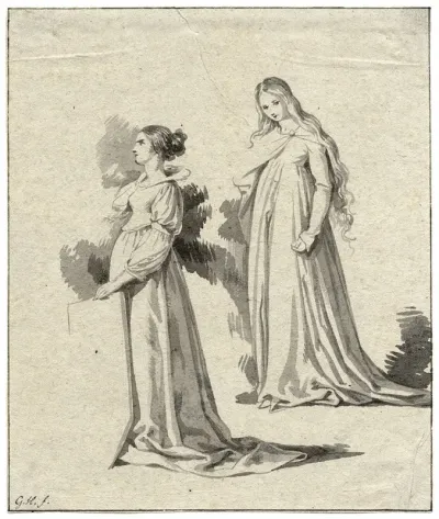 Wee Vrouwenfiguren Van Terzijde In Historische Kledij