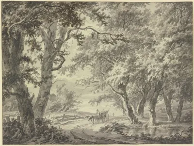 Weg In Den Wald Am Weg Ein Gatterzaun Und Ein Bauernwagen Mit Zwei Pferden