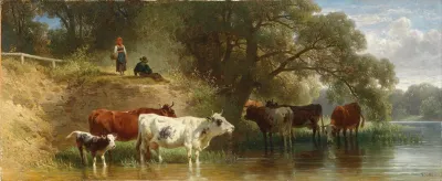 Weidende Kuhe Am Fluss Mit Hirten